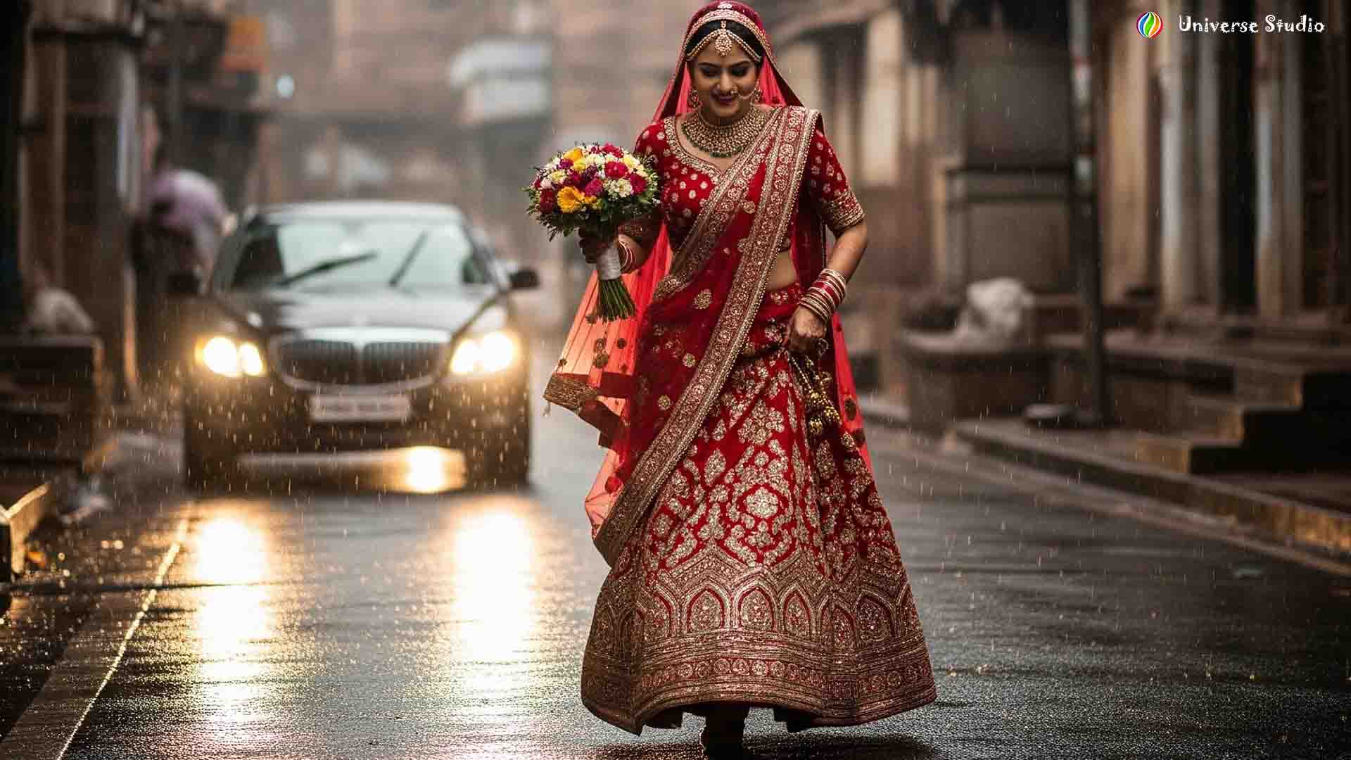 Bride in red lehenga walking on a rainy street in Sonbhadra
