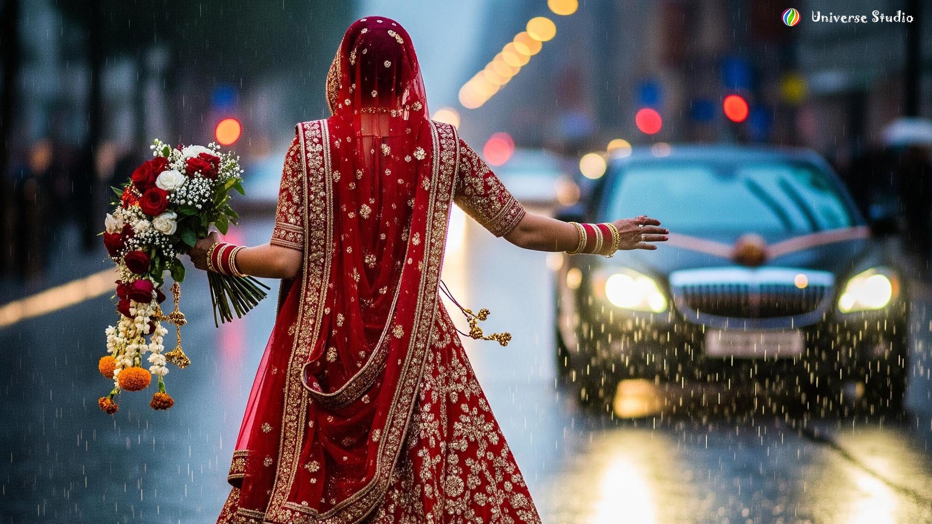 Bride in red lehenga holding bouquet during a rainy wedding photoshoot in Mirzapur