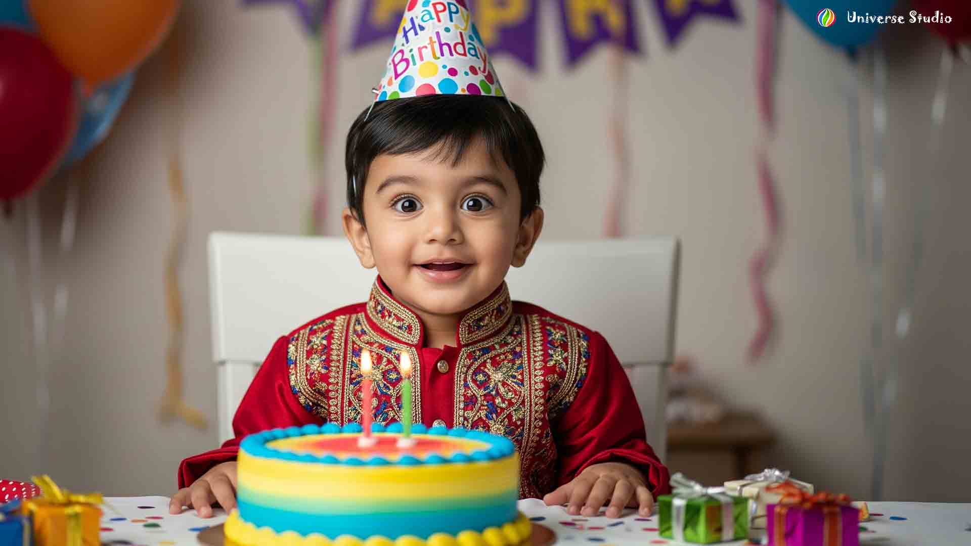 Child smiling while cutting birthday cake in Sonbhadra