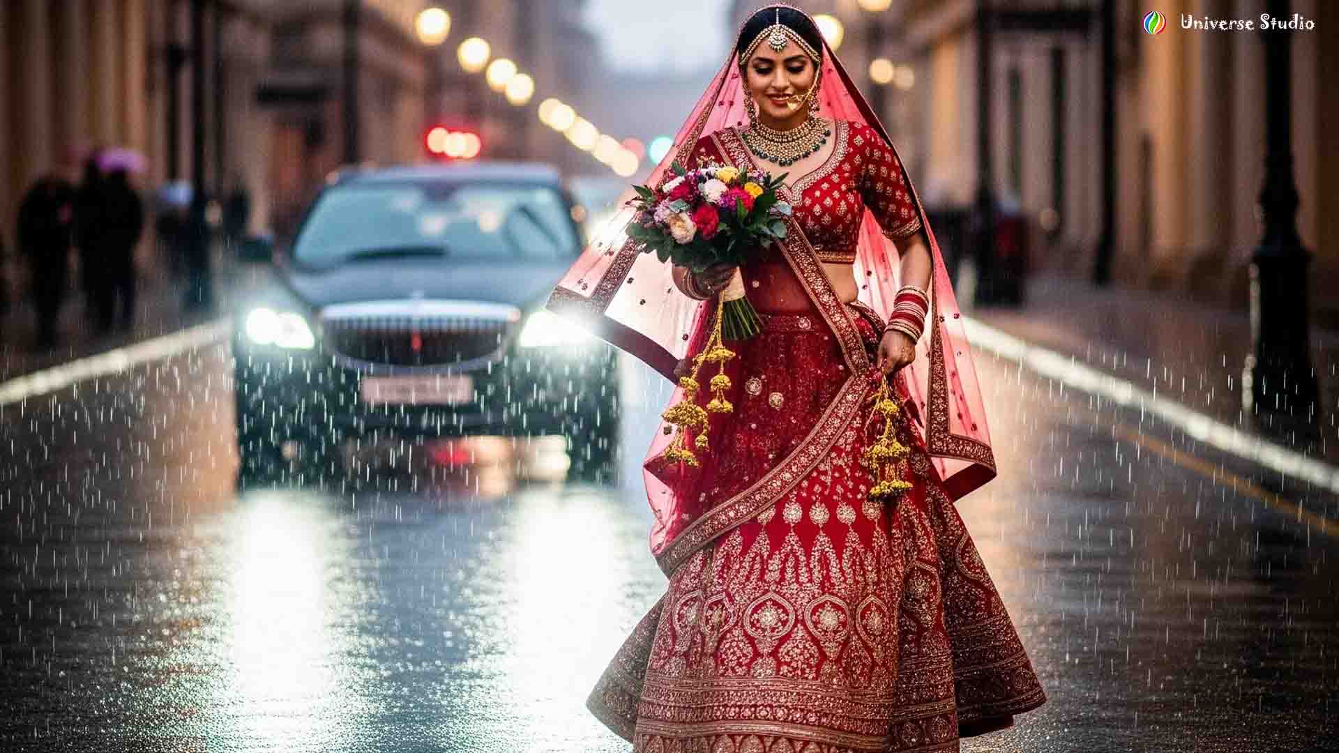 Bride in red lehenga walking on a rainy street in Azamgarh.